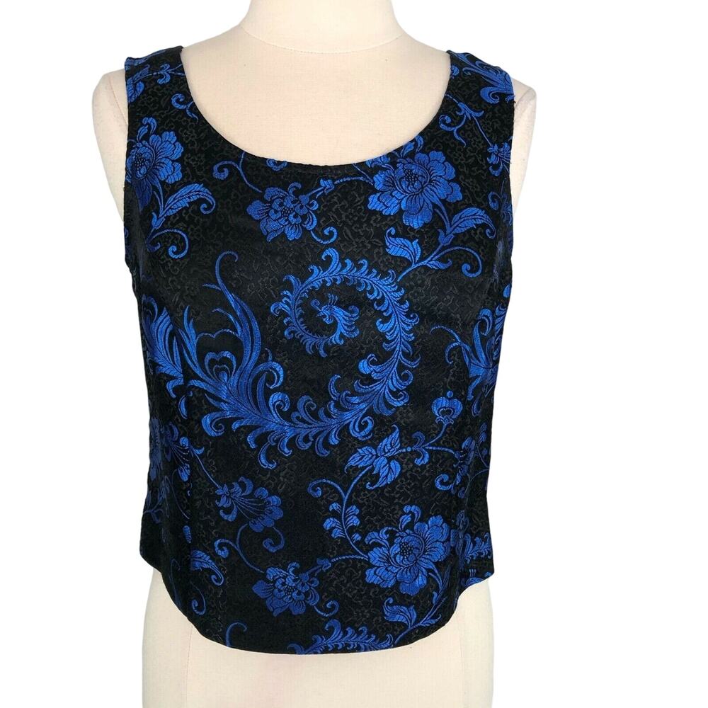 Satin Evening Sleeveless Blouse Scoop Neck Size 10 Sapphire Blue Floral